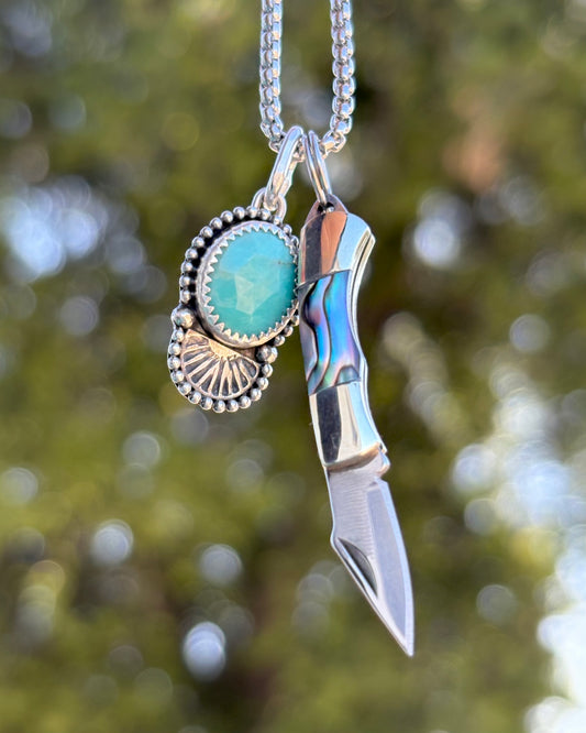 Stamped Turquoise & Abalone Micro-Mini Knife Charm Necklace
