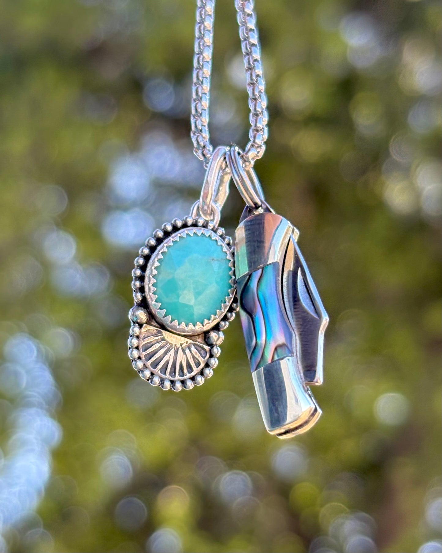 Stamped Turquoise & Abalone Micro-Mini Knife Charm Necklace