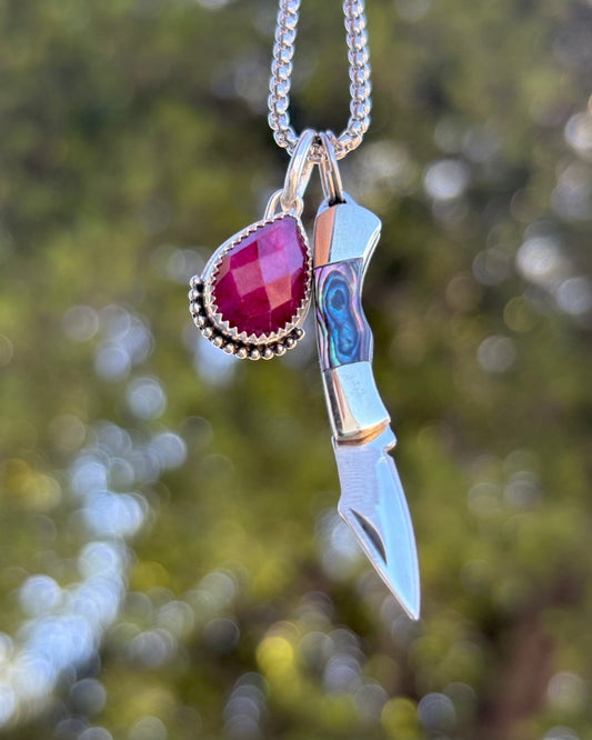 Ruby & Abalone Micro-Mini Knife Charm Necklace