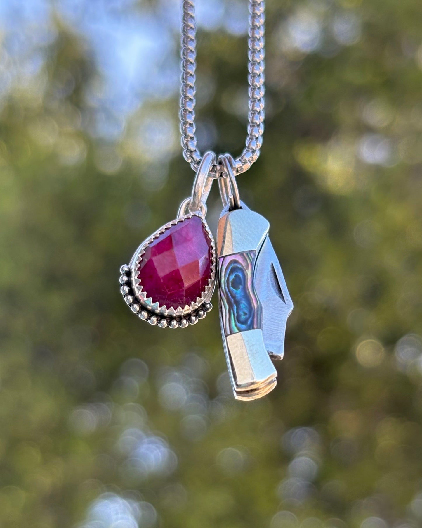 Ruby & Abalone Micro-Mini Knife Charm Necklace