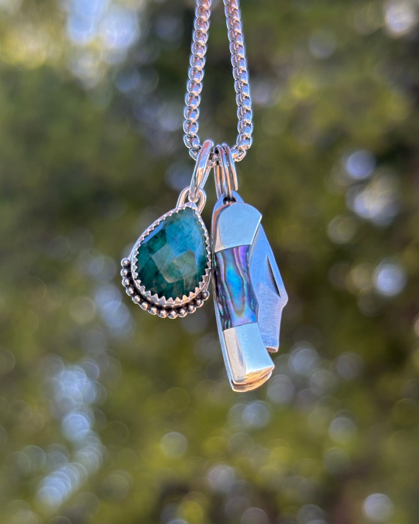 Emerald & Abalone Micro-Mini Knife Charm Necklace