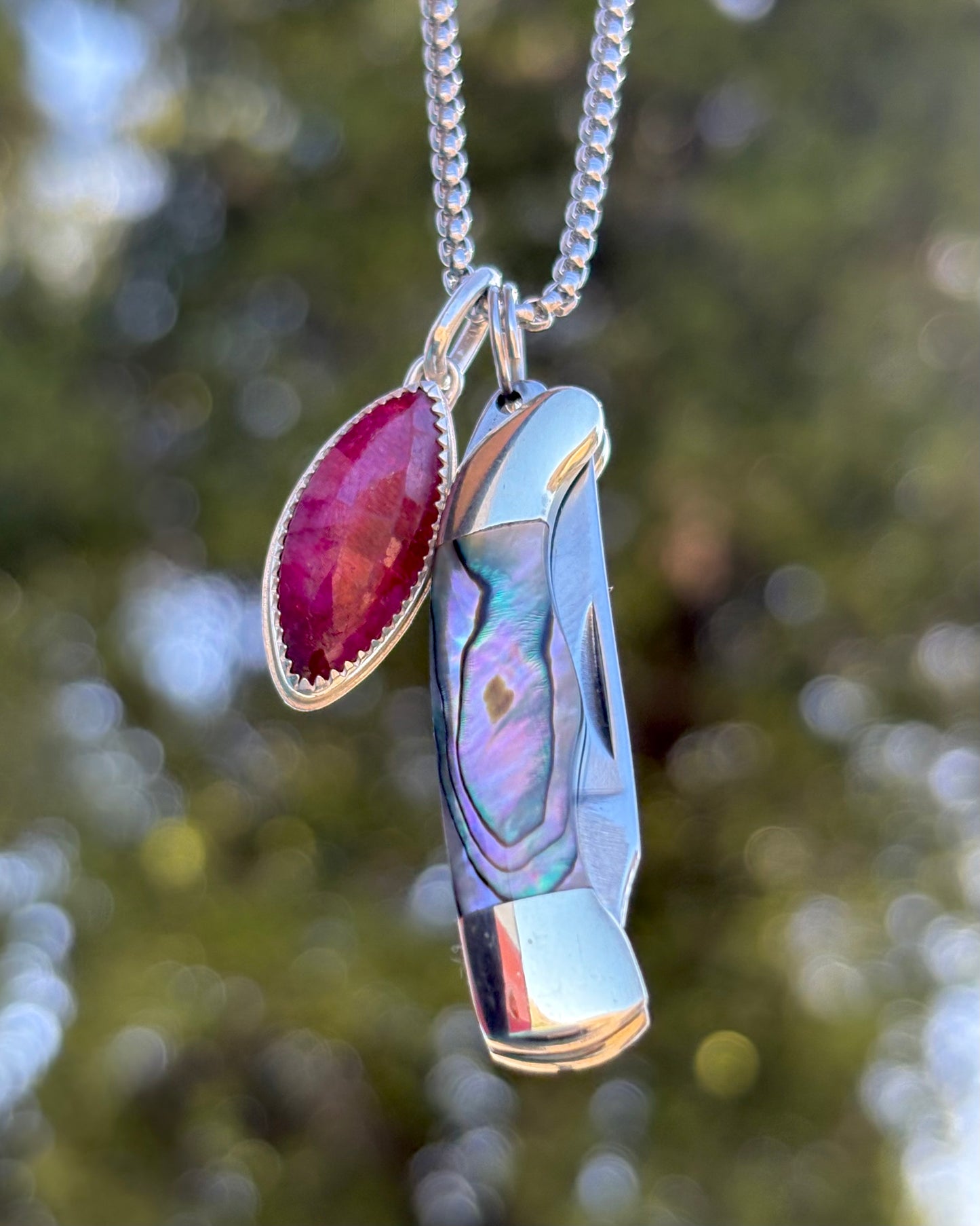 Ruby & Abalone Mini-Knife Charm Necklace